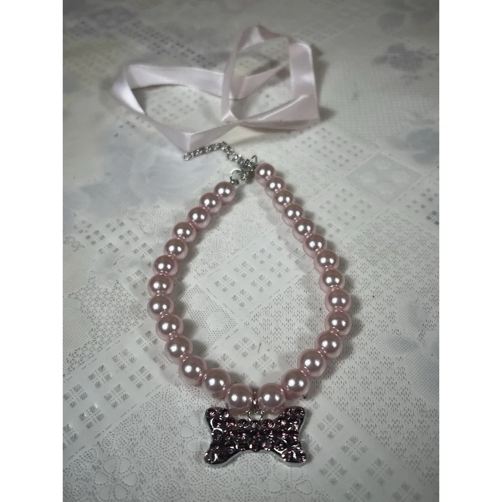 Fancy Pearls Crystal Dog Necklace Jewelry With Rhinestones‎ Big Charm Sz SMALL